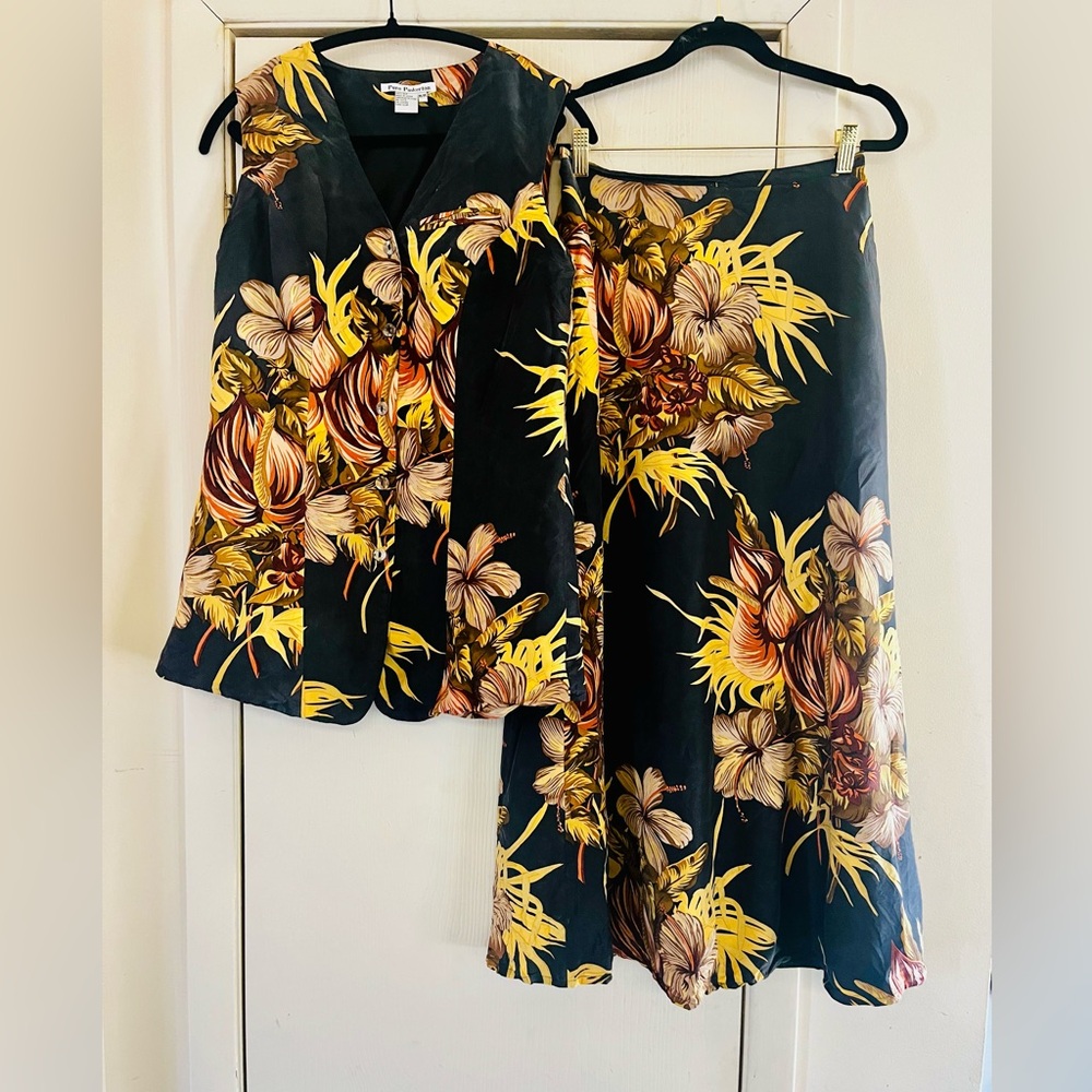 VTG 100% Silk Pure Pinkerton Boho Tropical 90s Vest Skirt Cottagecore Set M